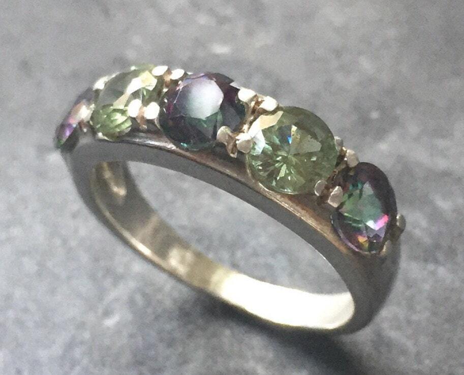 Mystic Topaz Ring, December Birthstone, December Ring, Natural Topaz, Green Diamond, Created Diamond, Vintage Rings, Solid Silver Ring