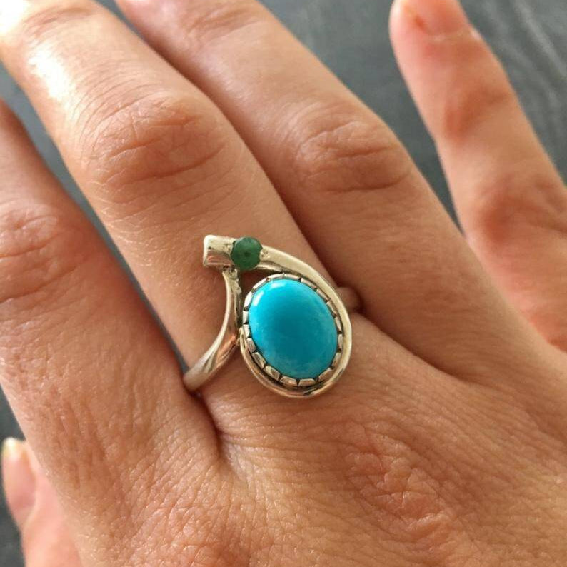 Larimar Ring, Natural Larimar, Vintage Ring, Asymmetric Ring, Sky Blue Ring, Teardrop Ring, Jewel of Atlantis, Solid Silver Ring, Blue Topaz