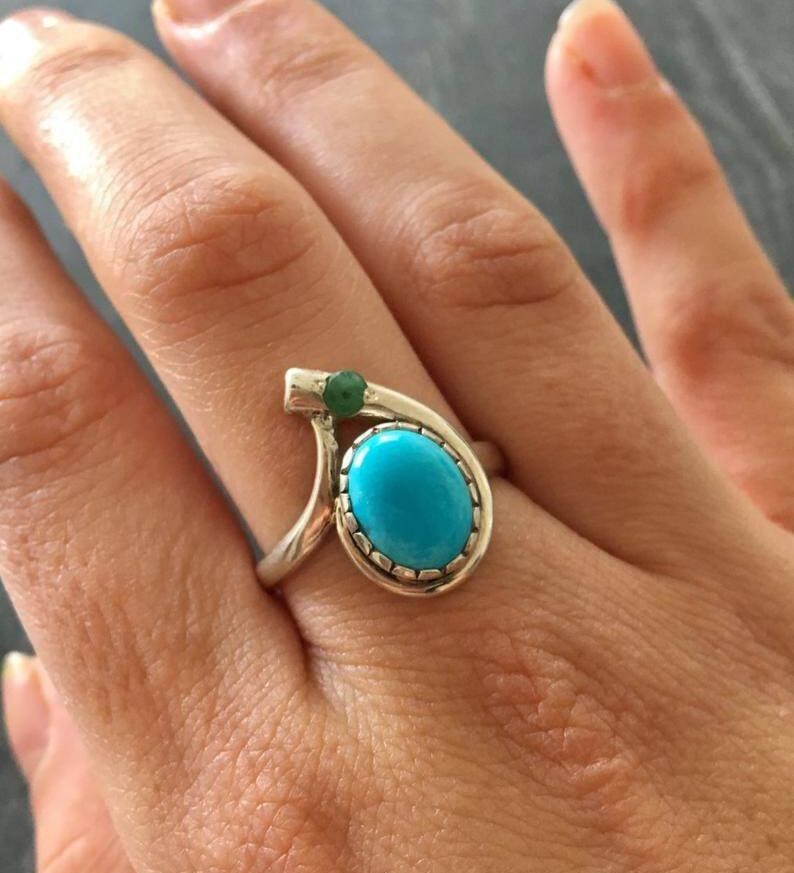 Larimar Ring, Natural Larimar, Vintage Ring, Asymmetric Ring, Sky Blue Ring, Teardrop Ring, Jewel of Atlantis, Solid Silver Ring, Blue Topaz