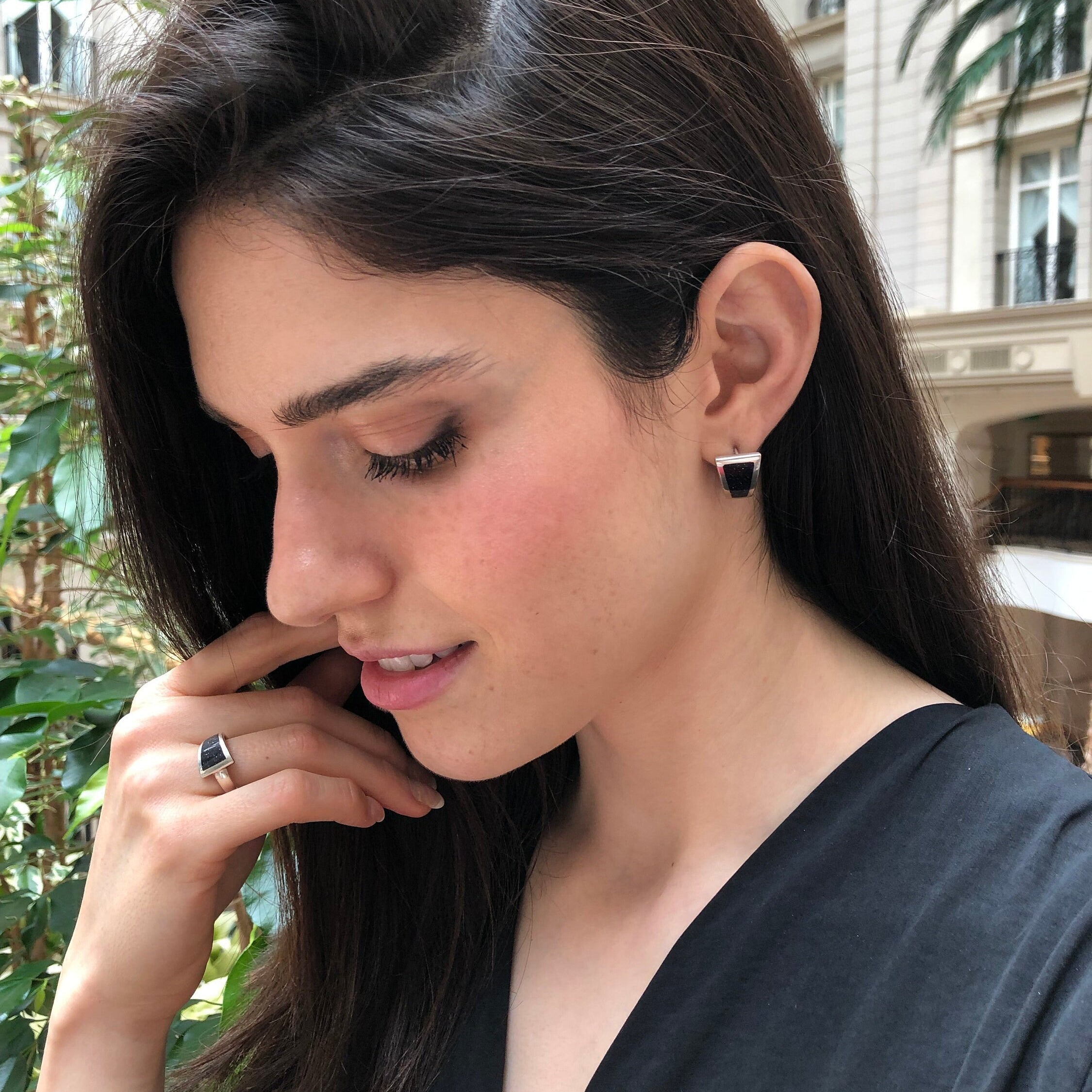 Sandstone Earrings, Natural Sandstone, Black Stud Earrings, Asymmetric Earrings, Dark Blue Earrings, Sparkly Studs, Solid Silver Earrings