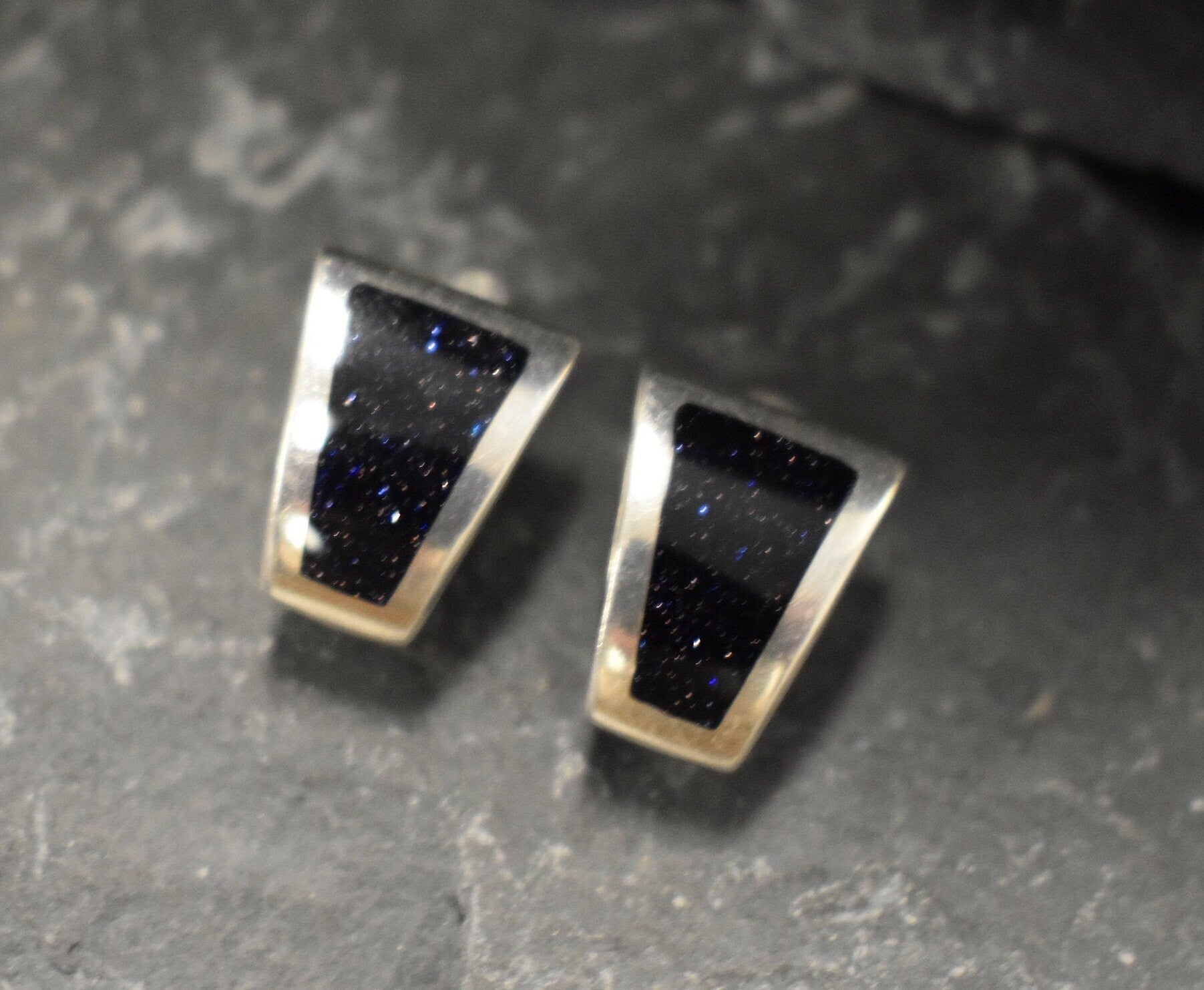 Sandstone Earrings, Natural Sandstone, Black Stud Earrings, Asymmetric Earrings, Dark Blue Earrings, Sparkly Studs, Solid Silver Earrings