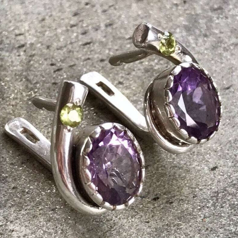 Amethyst Earrings, Natural Amethyst, February Birthstone, Vintage Earrings, Peridot Earrings, Birthstones Earrings, Solid Silver, Amethyst