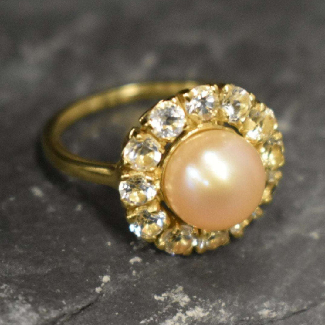 Vintage Pearl Ring, Natural Pearl, June Birthstone, Vintage Rings, Beige Pearl, Cream Pearl, White Topaz, Solid Silver Ring, Real Pearl Ring(1)