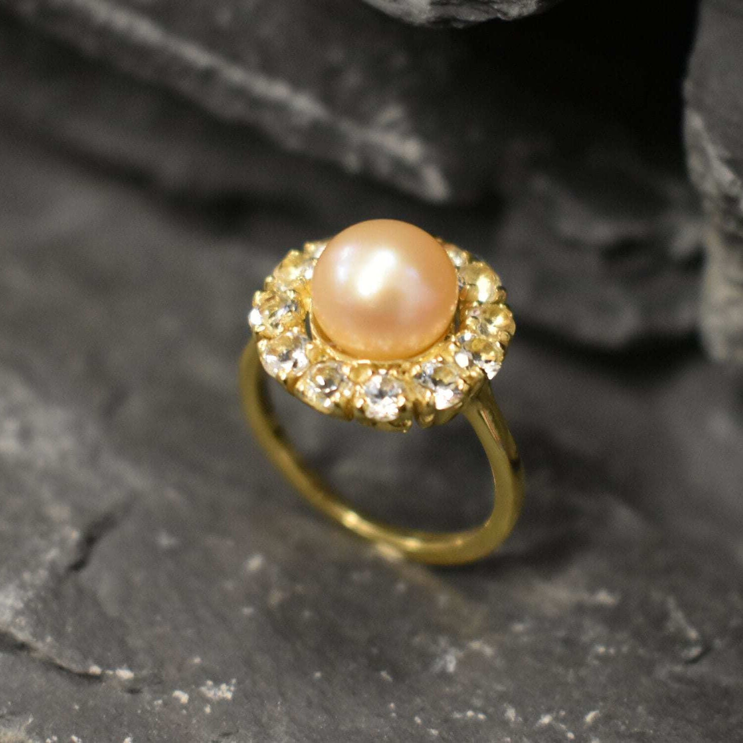 Vintage Pearl Ring, Natural Pearl, June Birthstone, Vintage Rings, Beige Pearl, Cream Pearl, White Topaz, Solid Silver Ring, Real Pearl Ring(1)