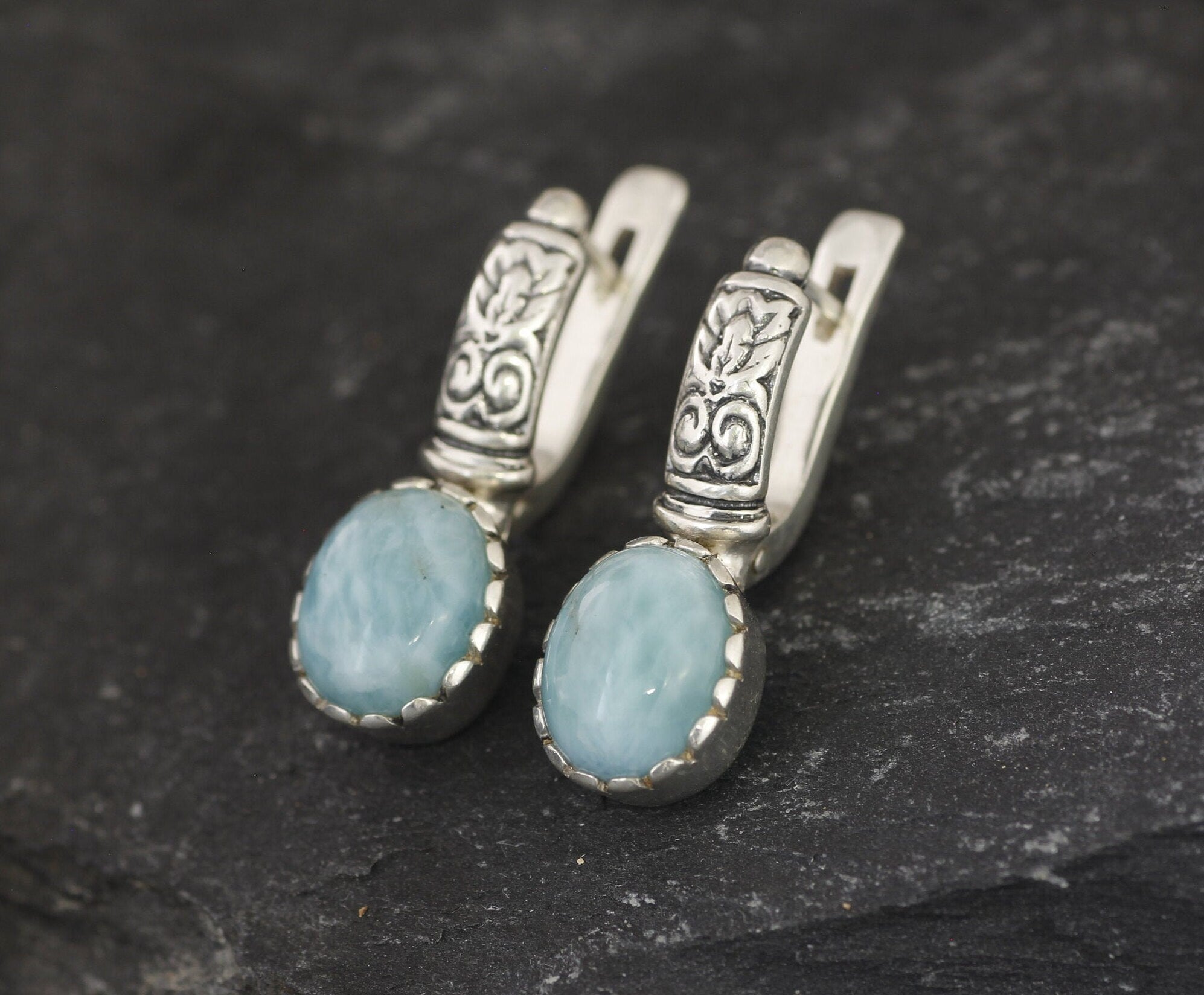 Larimar Earrings, Natural Larimar, March Birthstone, Tribal Earrings, Vintage Earrings, Silver Earrings, Jewel of Atlantis, Sterling Silver