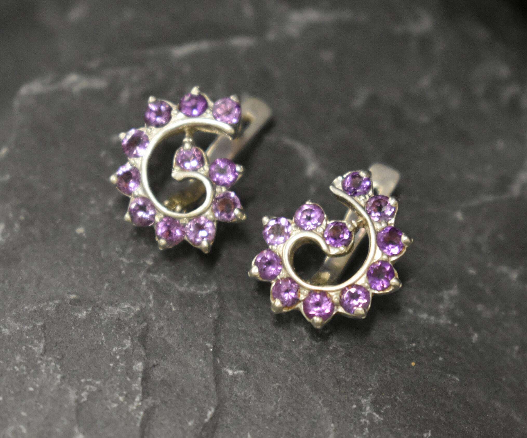 Swirl Earrings, Amethyst Earrings, Natural Amethyst, February Birthstone, Silver Twirl Studs, Purple Diamond Studs, Solid Silver Earrings