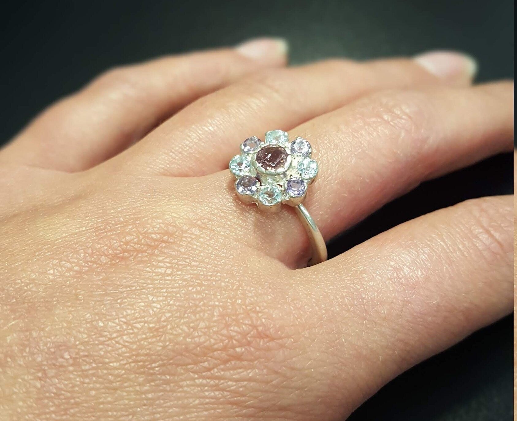 Tourmaline Ring, Natural Tourmaline, Topaz Ring, Flower Ring, Birthstone Ring, Solid Silver Ring, Blue Topaz Ring, Amethyst Ring, Tourmaline