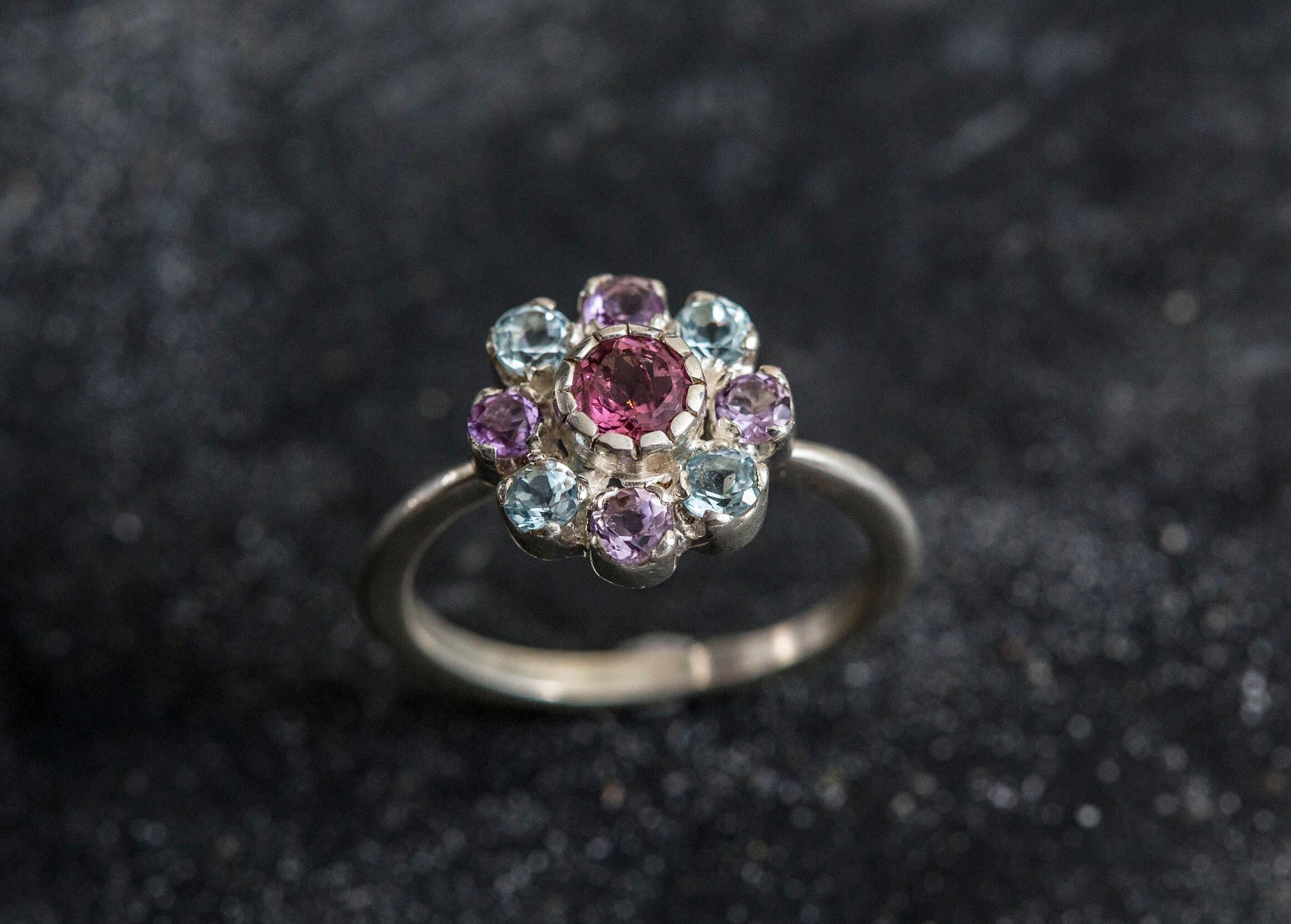 Tourmaline Ring, Natural Tourmaline, Topaz Ring, Flower Ring, Birthstone Ring, Solid Silver Ring, Blue Topaz Ring, Amethyst Ring, Tourmaline