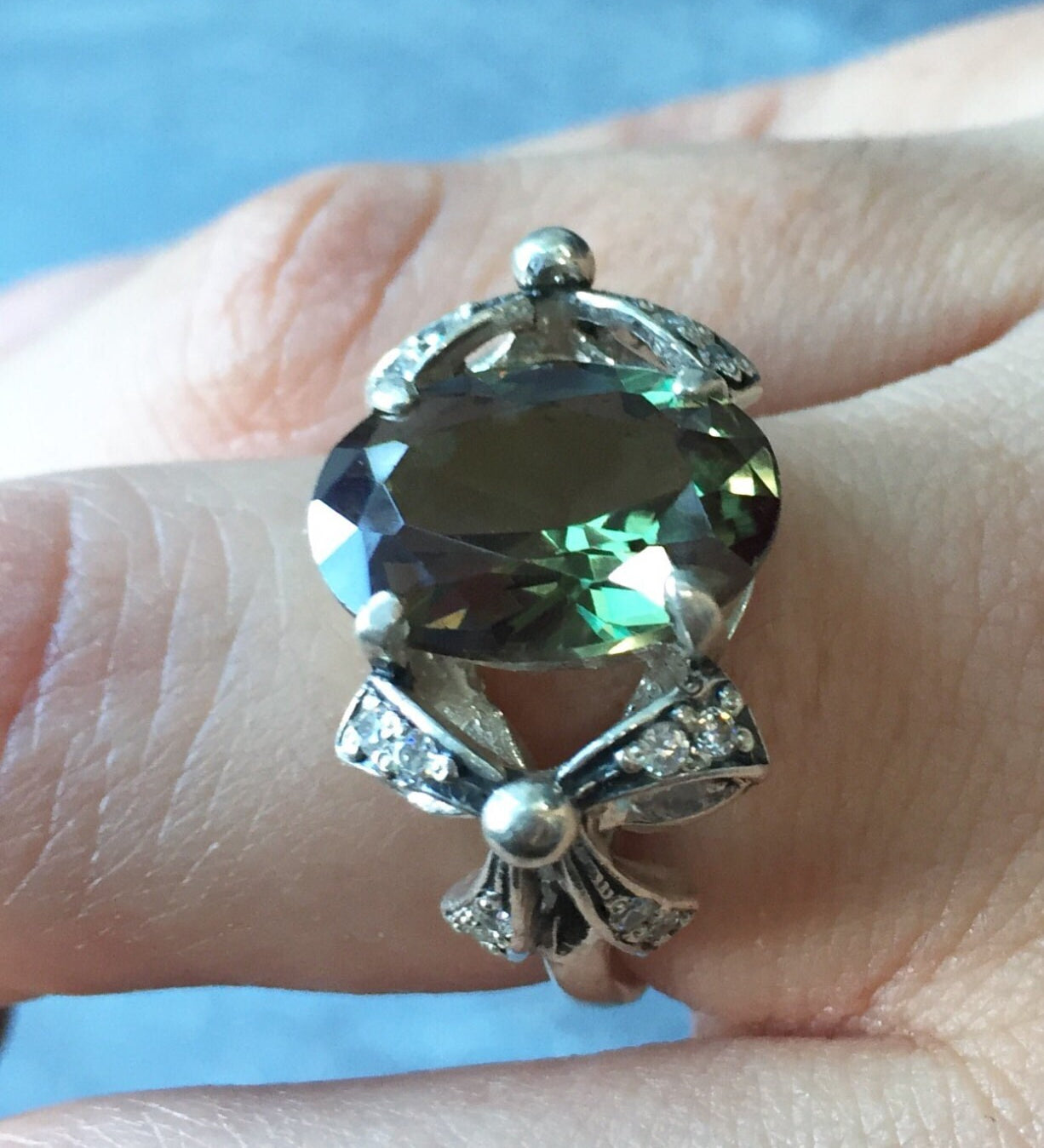 Ribbon Ring, Green Diamond Ring, Created Diamond, Antique Ring, Vintage Ring, Antique Rings, Vintage Rings, Solid Silver Ring, Silver Ribbon