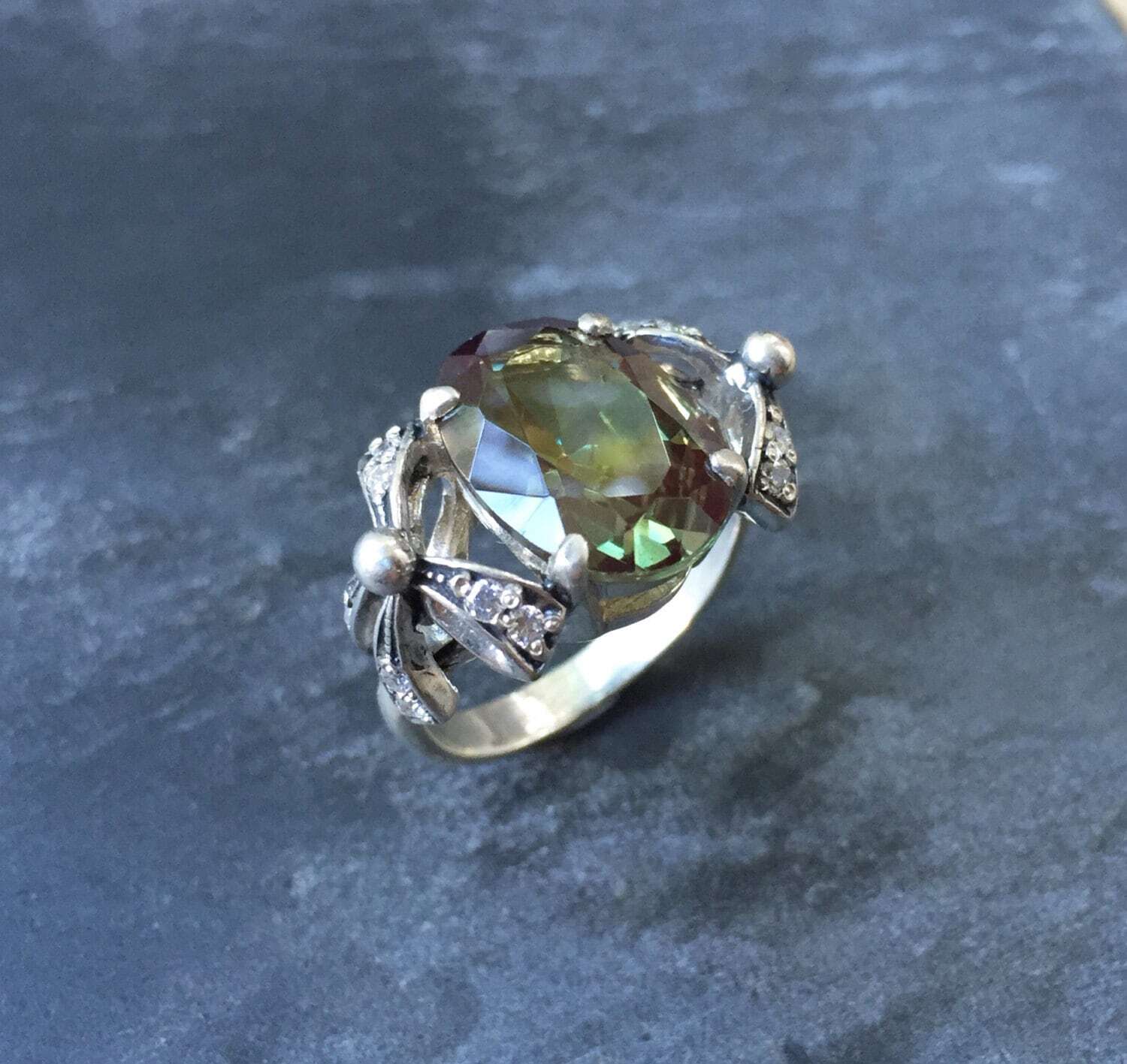 Ribbon Ring, Green Diamond Ring, Created Diamond, Antique Ring, Vintage Ring, Antique Rings, Vintage Rings, Solid Silver Ring, Silver Ribbon