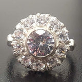 Diamond Flower Ring - Victorian Silver Ring - Diamond Halo Ring