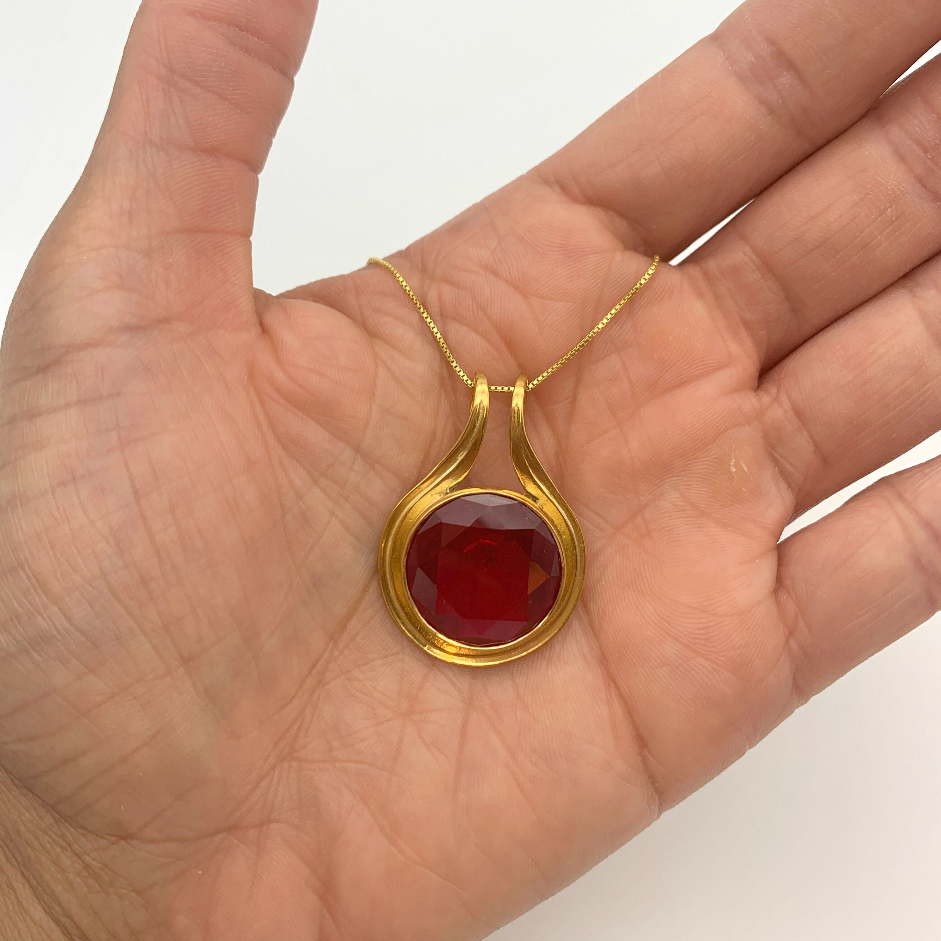 Created Ruby Pendant in 18k Gold Vermeil, featuring a Round Ruby in Bezel setting, perfect for July birthdays and special occasions.