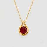 Created Ruby Pendant made in 18k Gold Vermeil with Round Created Red Ruby in Bezel setting, July Birthstone gift idea, symbolizes nobility, purity, and passion, ideal for everyday wear and perfect for birthday gifting and special occasions.