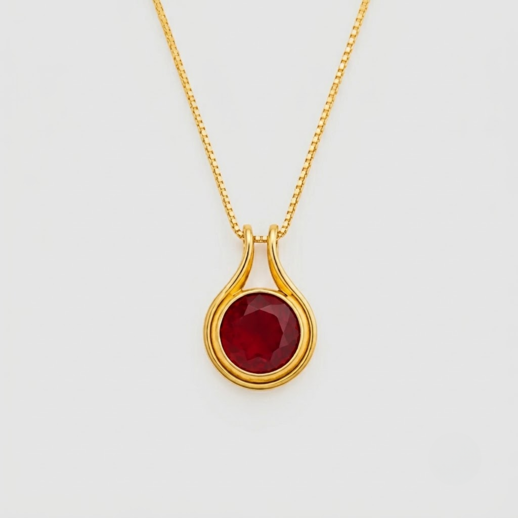 Created Ruby Pendant made in 18k Gold Vermeil with Round Created Red Ruby in Bezel setting, July Birthstone gift idea, symbolizes nobility, purity, and passion, ideal for everyday wear and perfect for birthday gifting and special occasions.