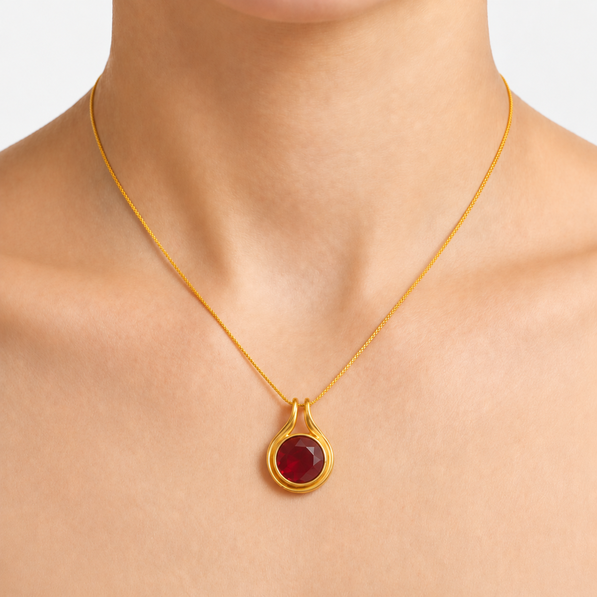 Created Ruby Pendant in 18k Gold Vermeil, featuring a Round Ruby in Bezel setting, perfect for July birthdays and special occasions.