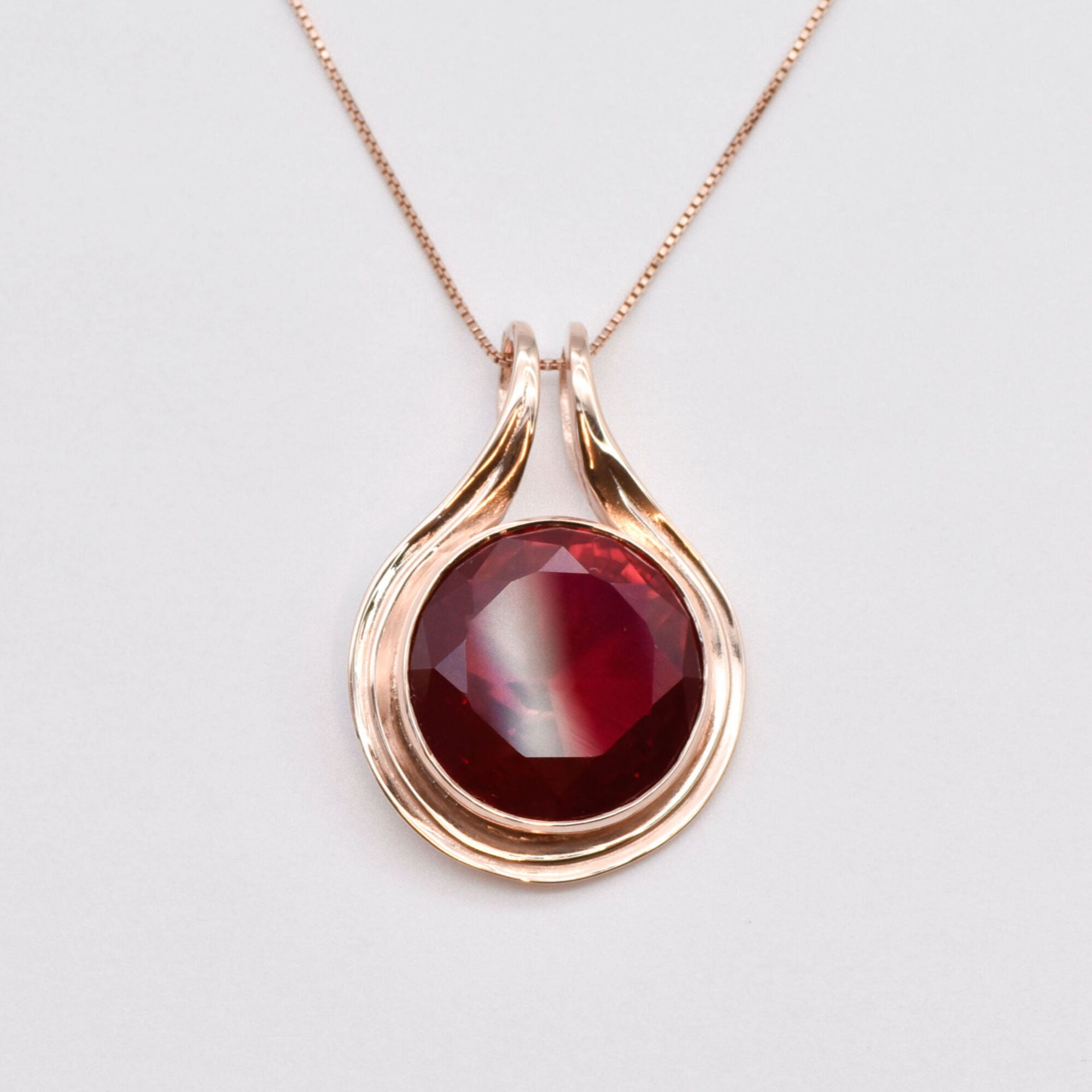 Created Ruby Pendant made in Rose Gold Vermeil with Round Created Red Ruby in Bezel setting, July Birthstone gift idea, symbolizes nobility, purity, and passion, ideal for everyday wear and perfect for birthday gifting and special occasions.
