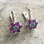 Flower Earrings, Amethyst Earrings, Natural Amethyst, Purple Flower, Emerald Earrings, Natural Emerald, February Birthstone, Pure Silver