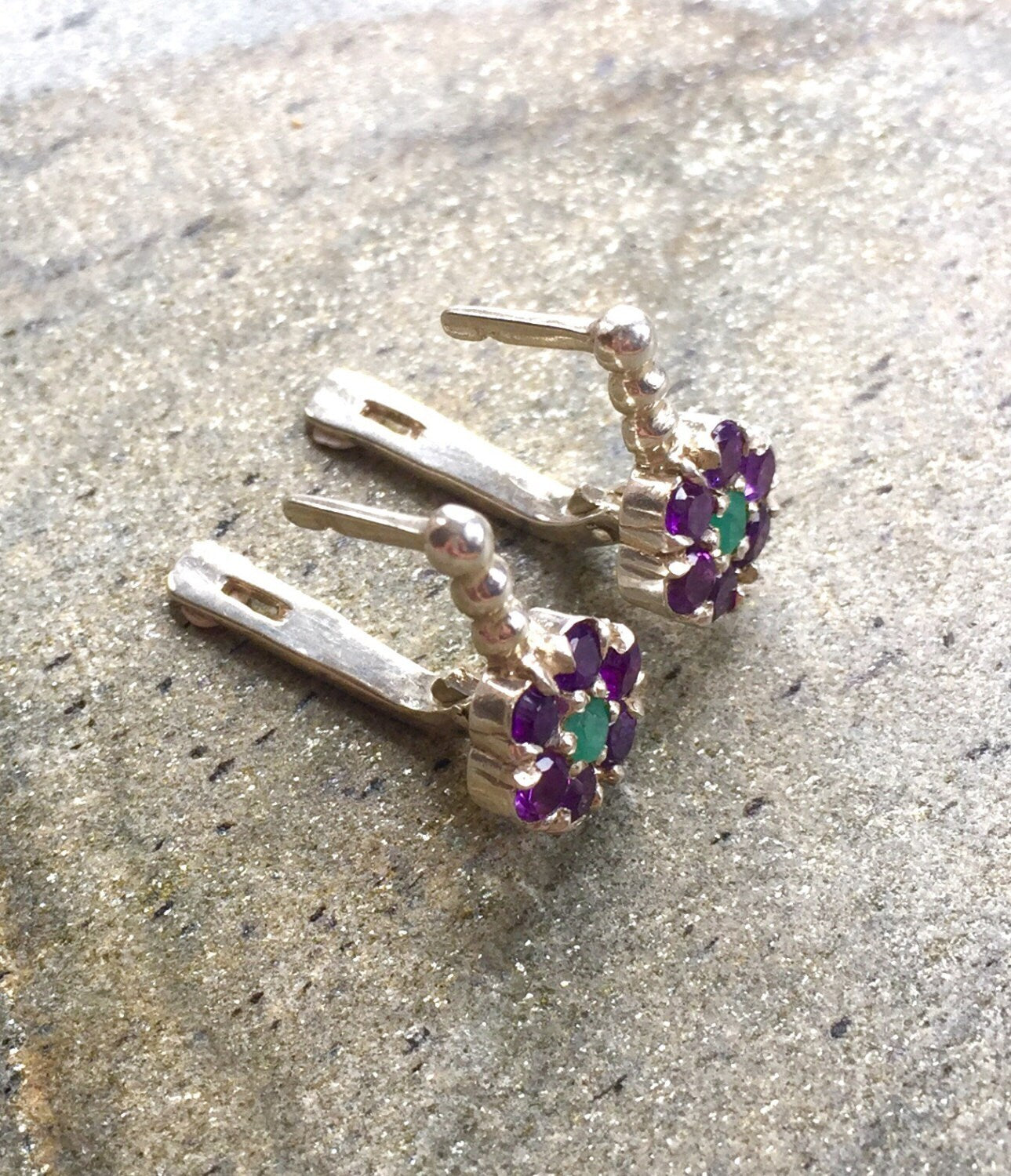 Flower Earrings, Amethyst Earrings, Natural Amethyst, Purple Flower, Emerald Earrings, Natural Emerald, February Birthstone, Pure Silver