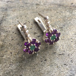 Flower Earrings, Amethyst Earrings, Natural Amethyst, Purple Flower, Emerald Earrings, Natural Emerald, February Birthstone, Pure Silver