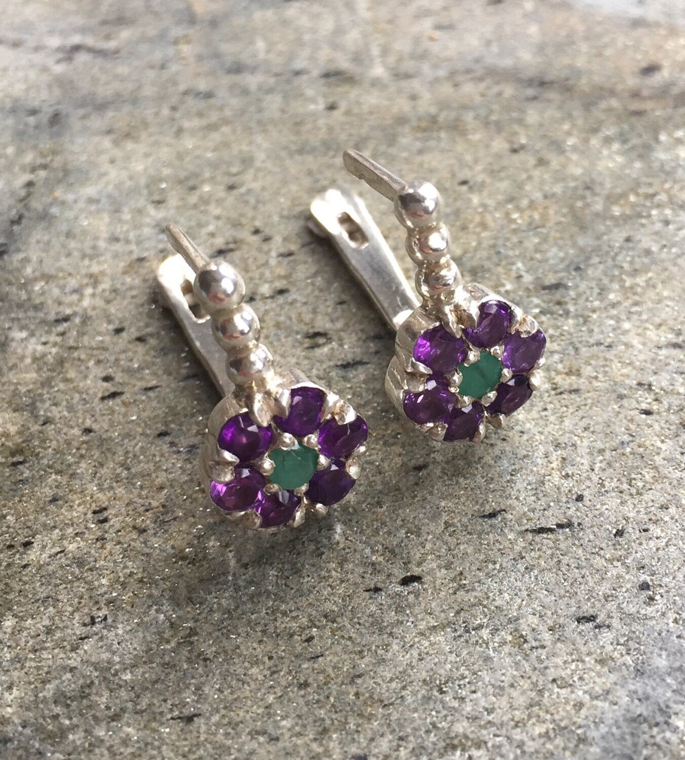 Flower Earrings, Amethyst Earrings, Natural Amethyst, Purple Flower, Emerald Earrings, Natural Emerald, February Birthstone, Pure Silver