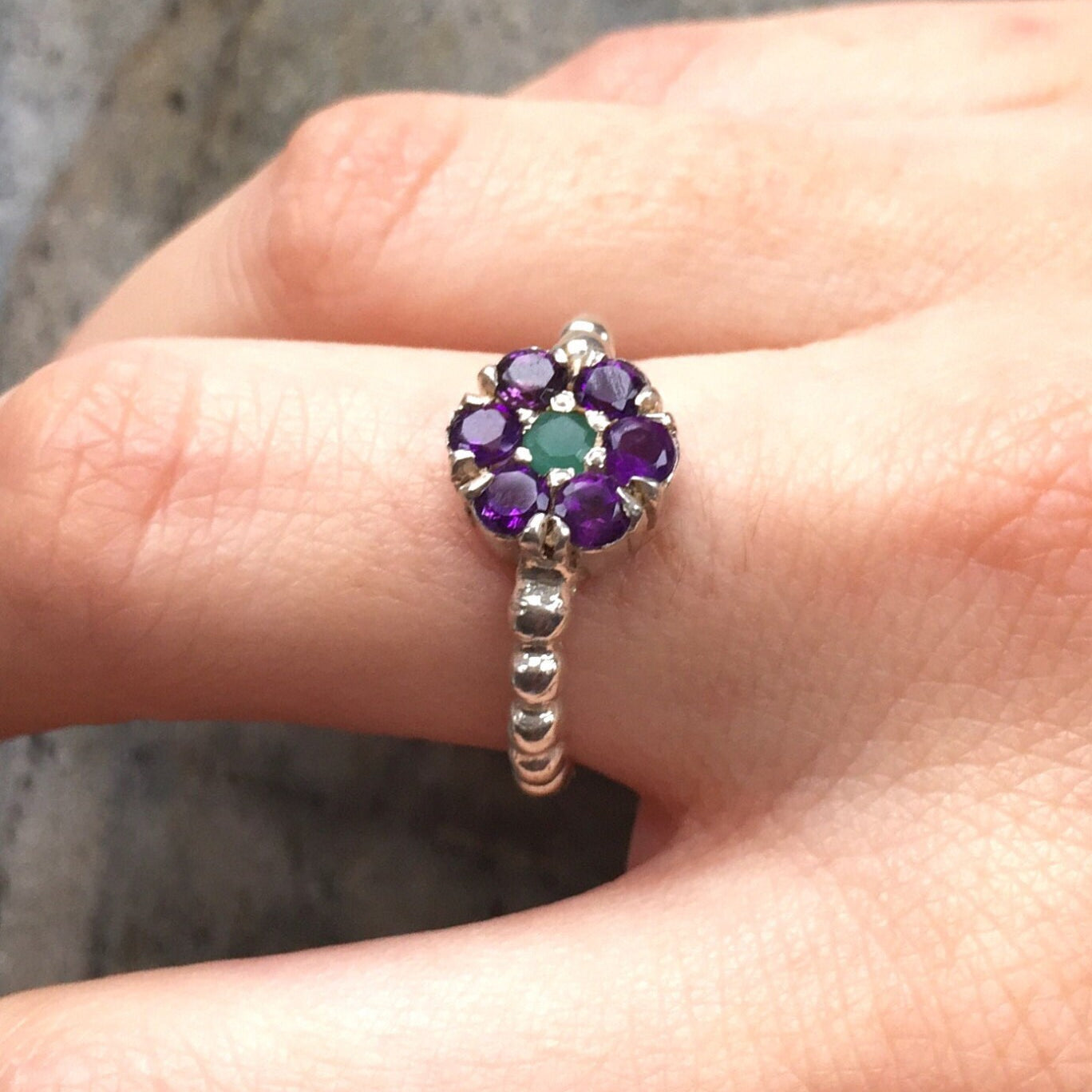 Flower Ring, Amethyst Ring, Natural Amethyst, Purple Flower, Emerald Ring, Natural Emerald, February Birthstone, May Birthstone, Pure Silver