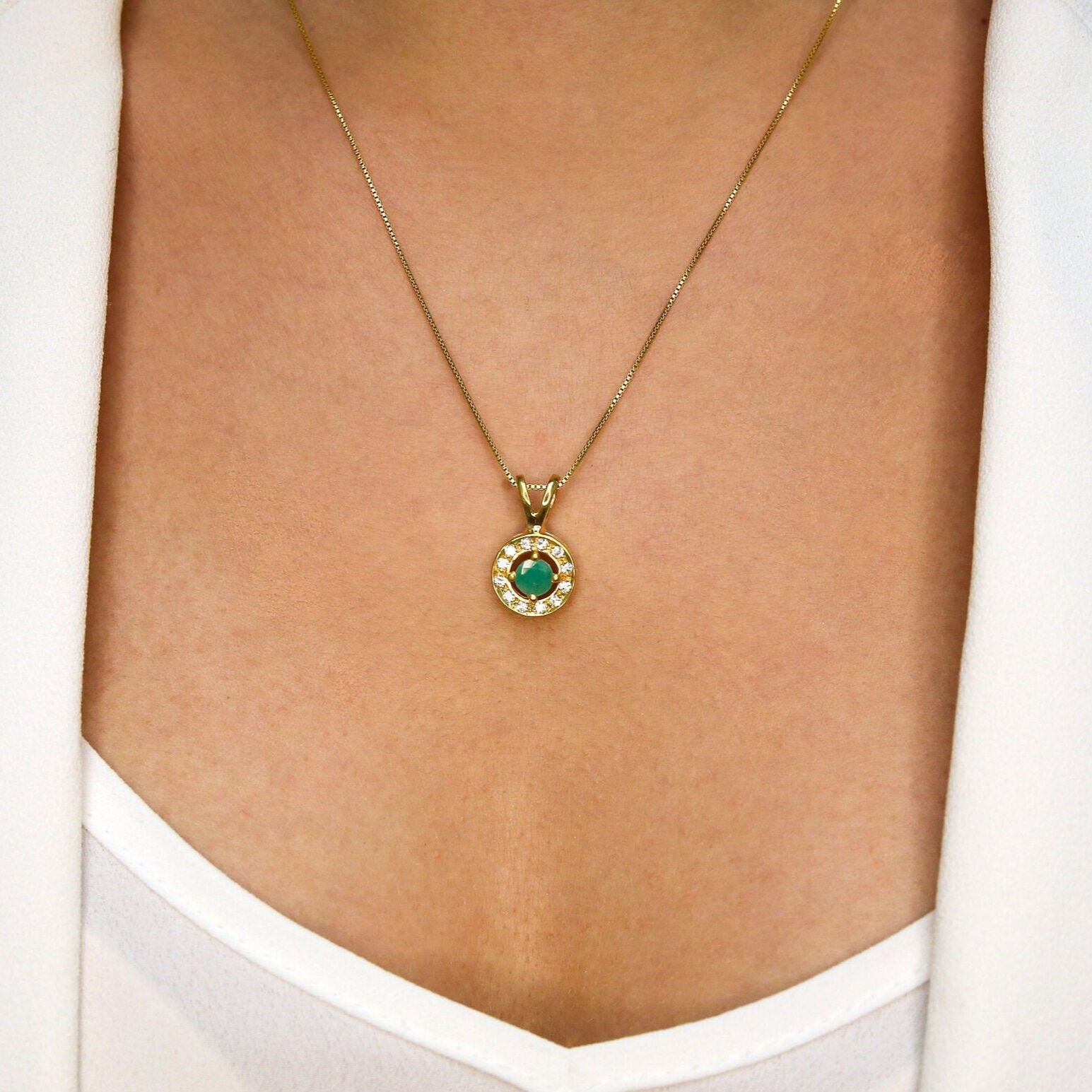 Elegant 18k Gold Vermeil Emerald Pendant, featuring a round natural green emerald, perfect for May birthdays and special occasions.