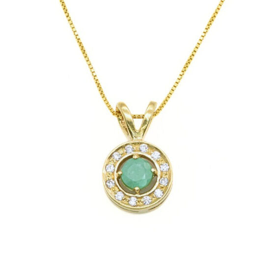 Natural Emerald Pendant made in 18k Gold Vermeil with Round Natural Green Emerald in Halo setting, May Birthstone gift idea, symbolizes growth, harmony, and deep emotional healing, ideal for everyday wear and perfect for birthday gifting and special occasions.