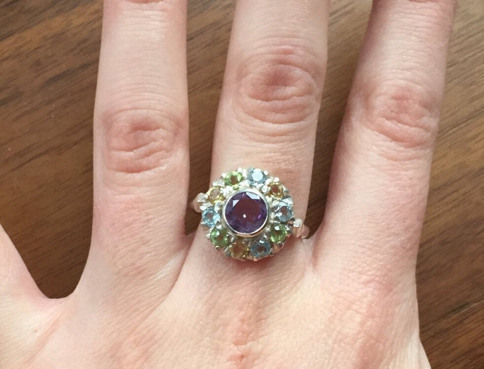 Amethyst Ring, Cluster Topaz Ring, Multistone Ring, Colorful Ring, February Birthstone, Victorian Ring, Round Halo Ring, Solid Silver Ring