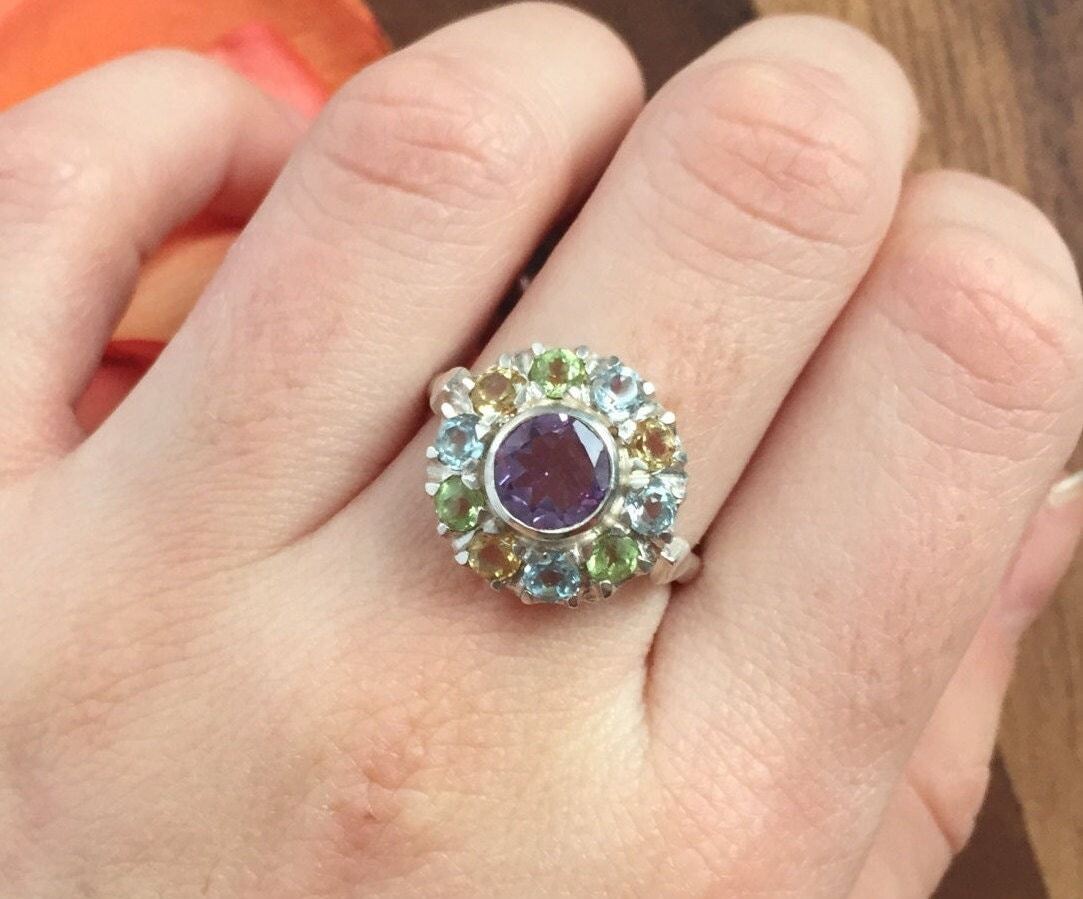 Amethyst Ring, Cluster Topaz Ring, Multistone Ring, Colorful Ring, February Birthstone, Victorian Ring, Round Halo Ring, Solid Silver Ring