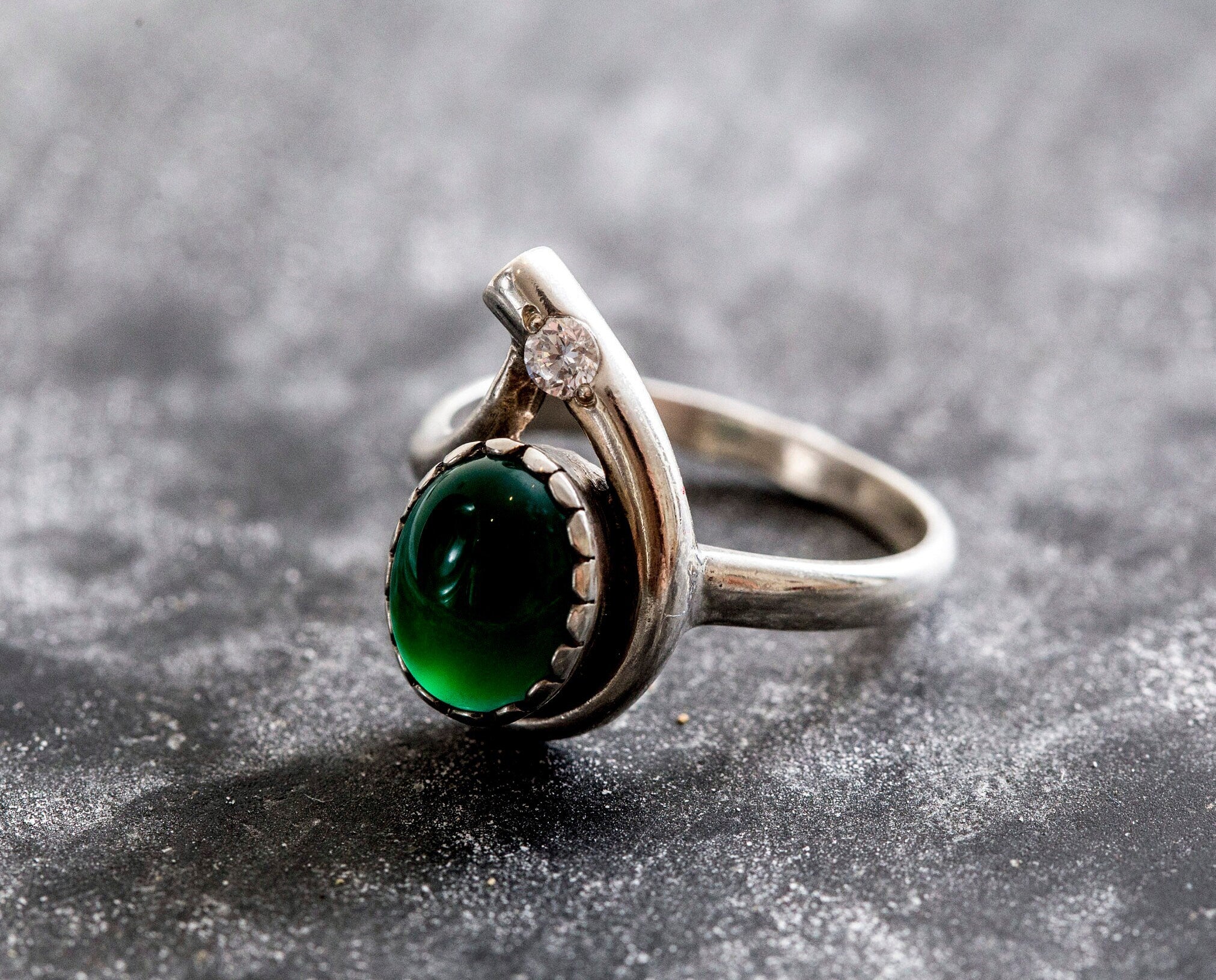 Green Boho Ring, Antique Ring, Created Emerald, Vintage Ring, Teardrop