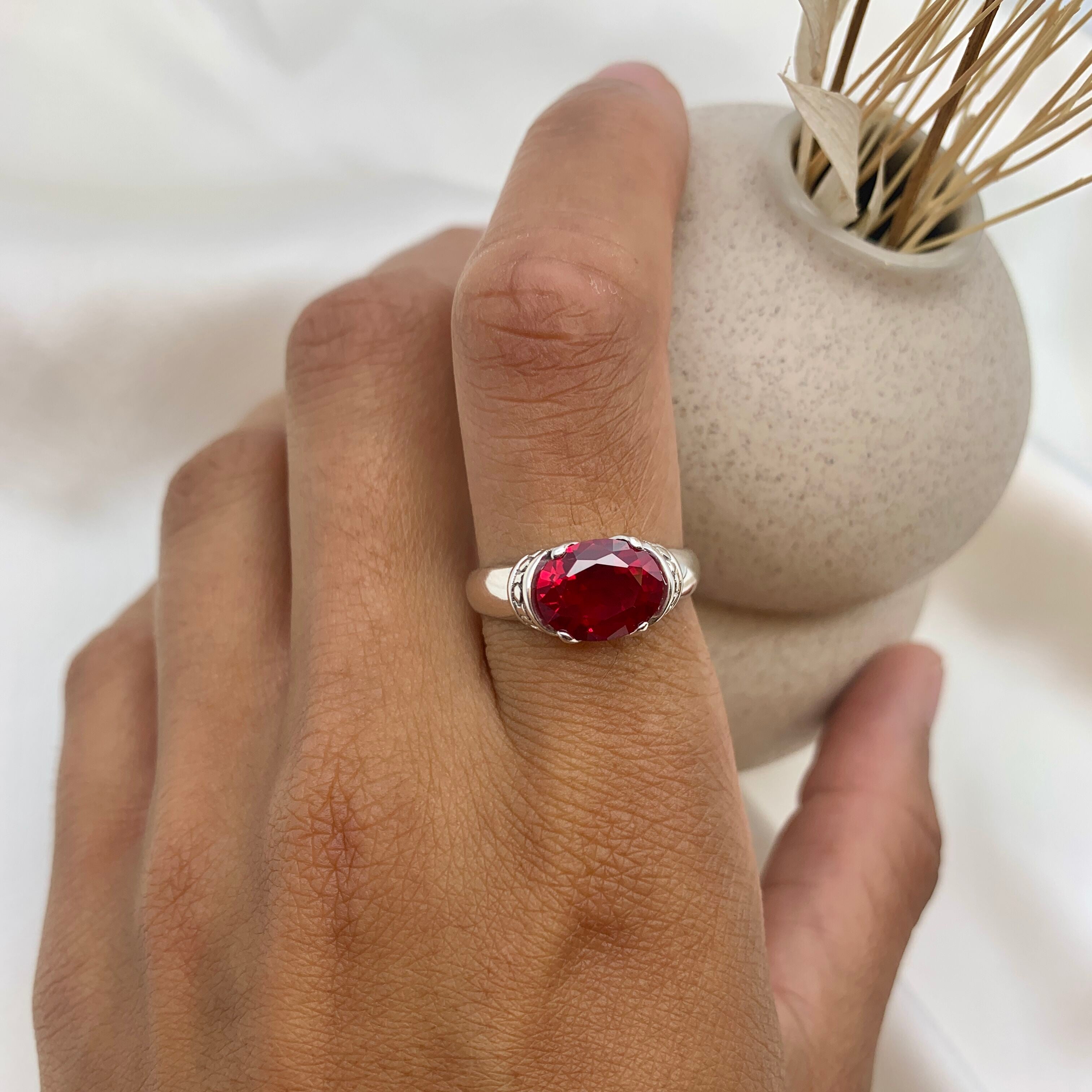 Exquisite 925 Sterling Silver Ruby Ring showcasing an Oval Created Red Ruby, a meaningful gift for July birthdays and timeless elegance.