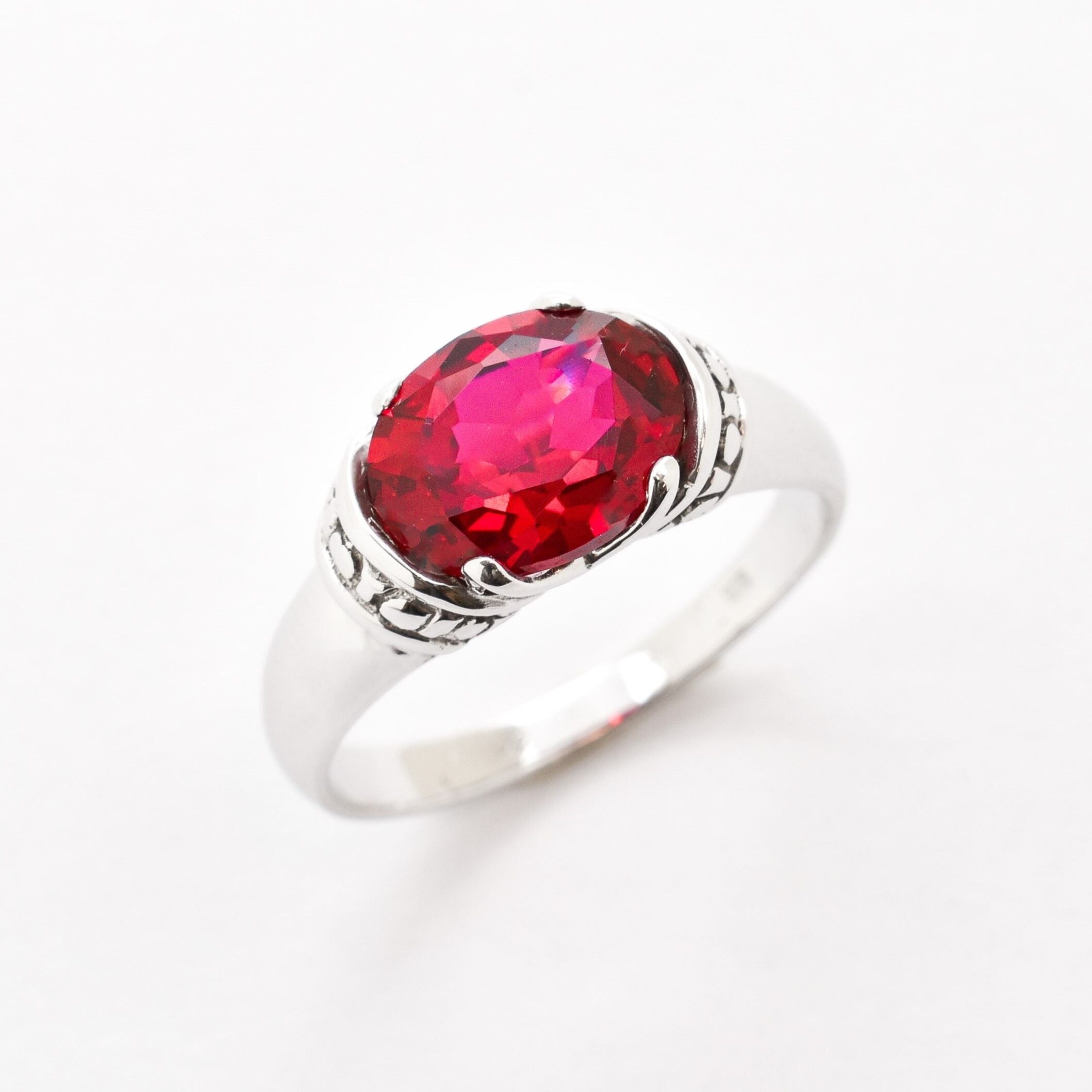 Tribal Ruby Ring, Created Ruby, Red Vintage Ring, Horizontal Ring, Antique Ring, 3 Carat Ruby, Statement Ring, Boho Ring, Solid Silver Ring