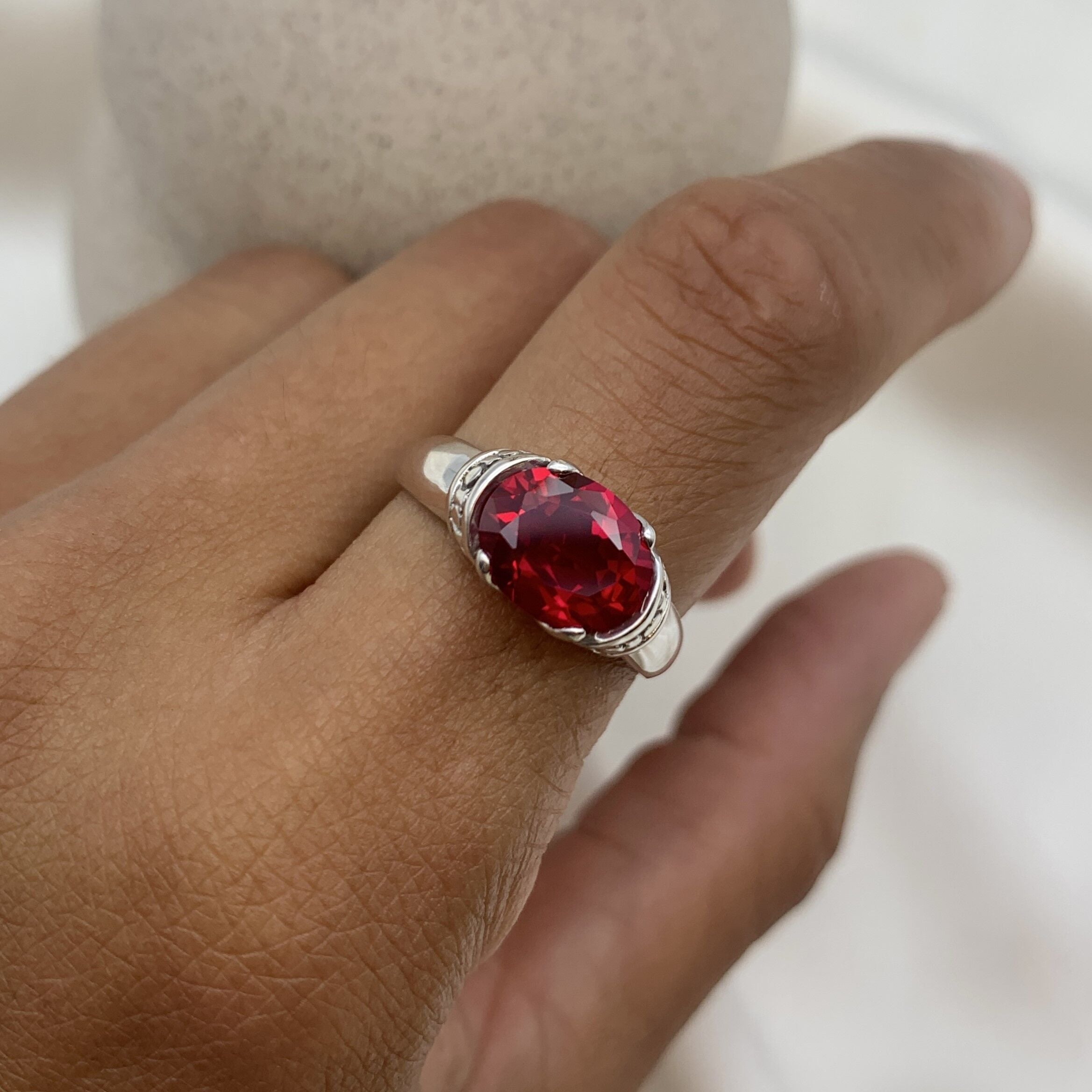 Tribal Ruby Ring, Created Ruby, Red Vintage Ring, Horizontal Ring, Antique Ring, 3 Carat Ruby, Statement Ring, Boho Ring, Solid Silver Ring