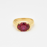 Elegant 18k Gold Vermeil ring showcasing a stunning Oval Created Red Ruby, perfect for gifts and celebrating July birthdays.
