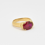 Exquisite 18k Gold Vermeil ring adorned with an Oval Created Red Ruby, a beautiful symbol of passion and a perfect gift for loved ones.