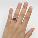 Stunning 18k Gold Vermeil ring with an Oval Created Red Ruby, a meaningful gift symbolizing love, ideal for any occasion.