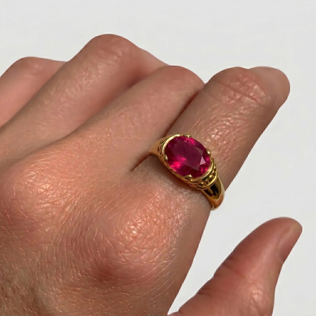 18k Gold Vermeil Ruby Ring featuring Oval Created Red Ruby, ideal for everyday wear, birthdays, and special occasions.