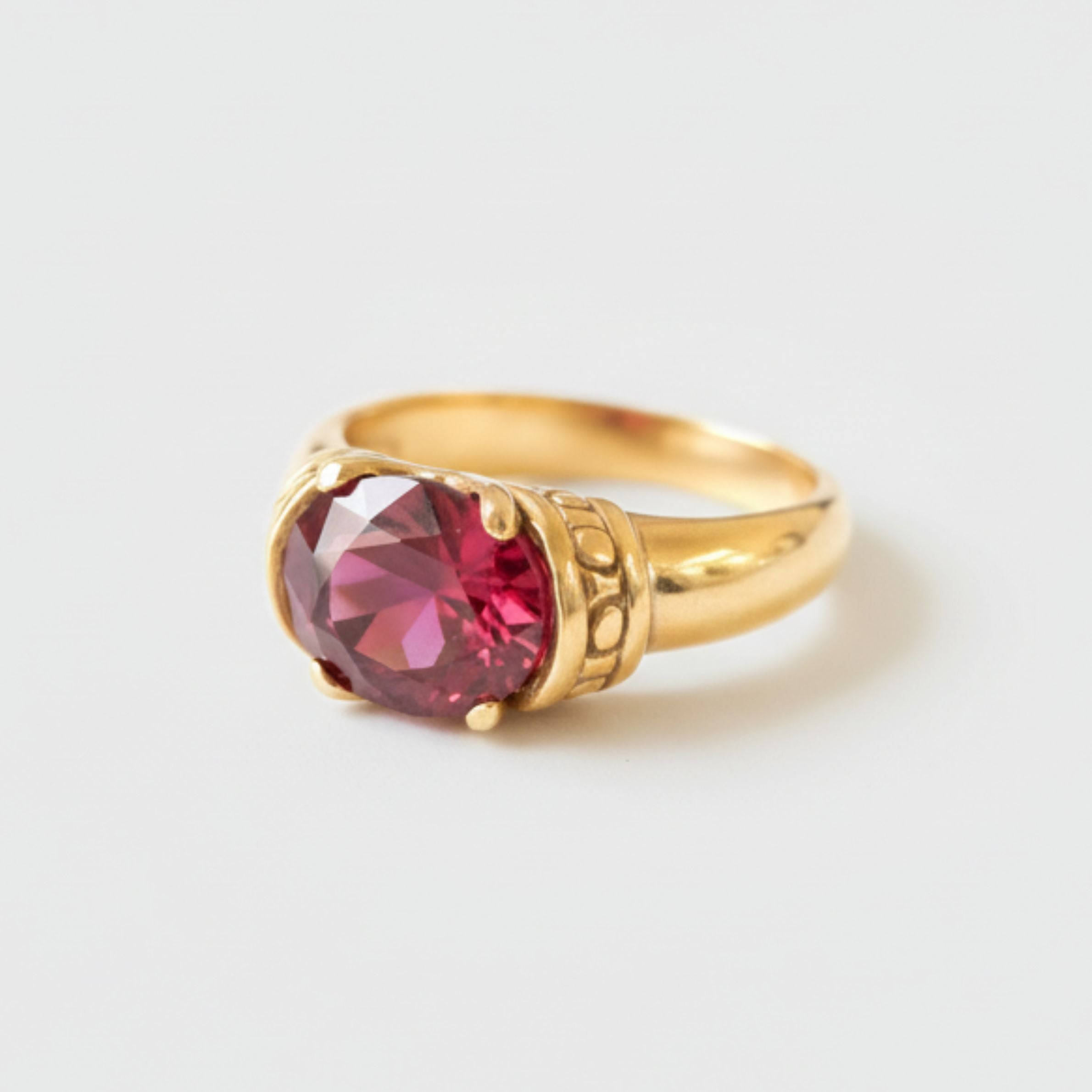 Created Ruby Ring made in 18k Gold Vermeil with Oval Created Red Ruby in Solitaire setting, July Birthstone gift idea, symbolizes nobility, purity, and passion, ideal for everyday wear and perfect for birthday gifting and special occasions.