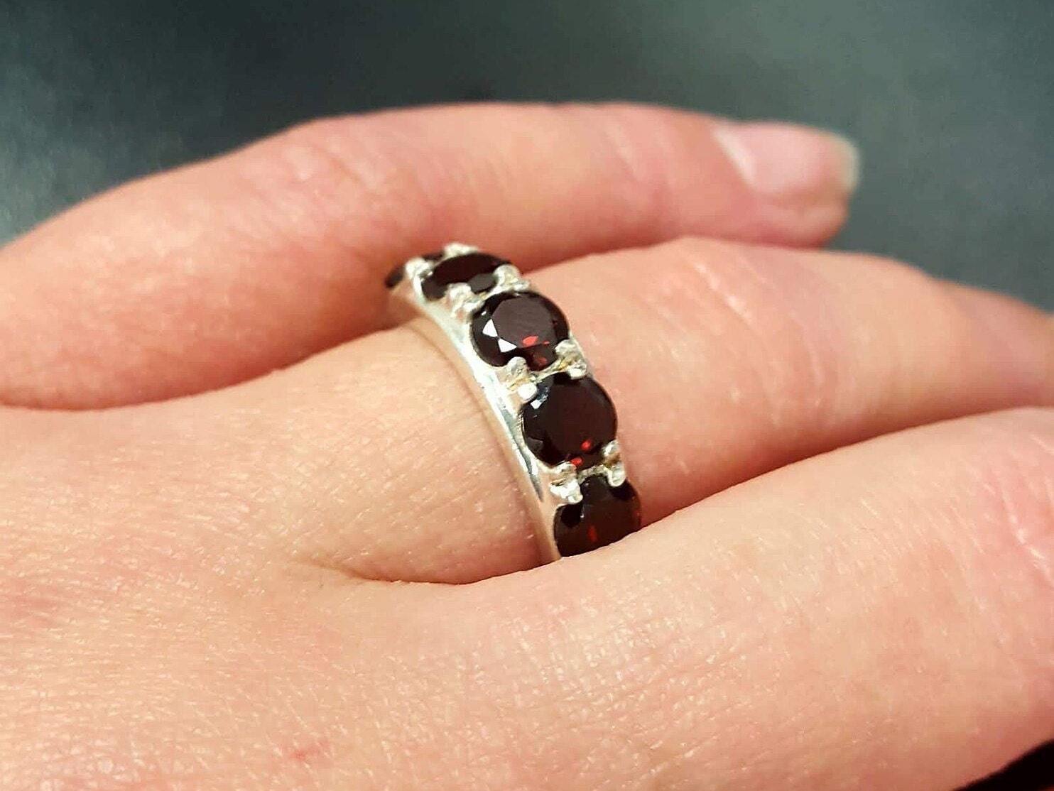 Garnet Ring, Natural Garnet, January Ring, Half Eternity Band, Red Vintage Ring, Red Diamond Ring, January Birthstone, Solid Silver Ring