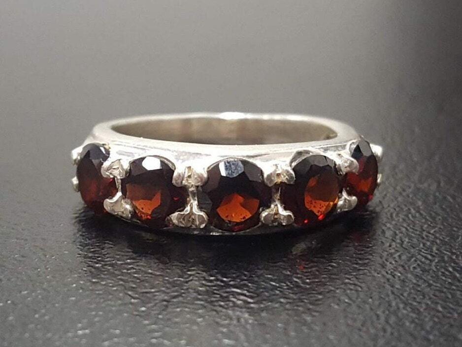 Garnet Ring, Natural Garnet, January Ring, Half Eternity Band, Red Vintage Ring, Red Diamond Ring, January Birthstone, Solid Silver Ring