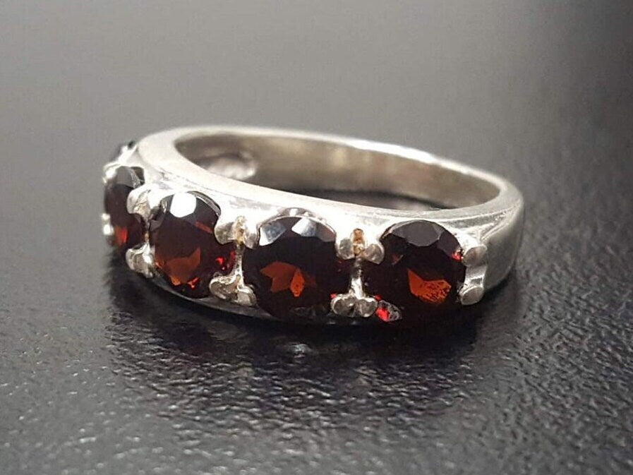 Garnet Ring, Natural Garnet, January Ring, Half Eternity Band, Red Vintage Ring, Red Diamond Ring, January Birthstone, Solid Silver Ring