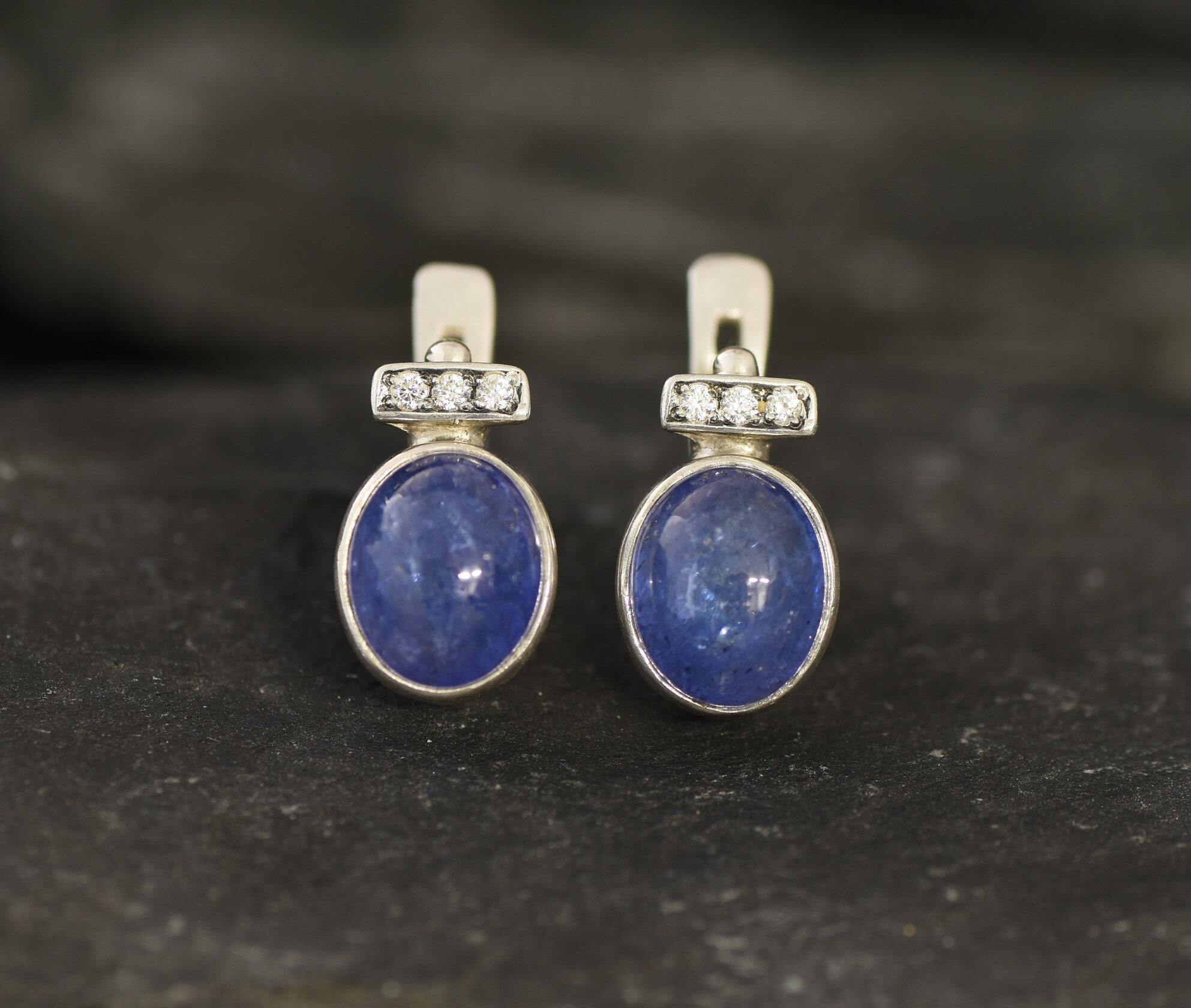 Tanzanite Earrings, Natural Tanzanite, Blue Dainty Earrings, Oval Studs, December Birthstone, Antique Earrings, Vintage Silver Earrings