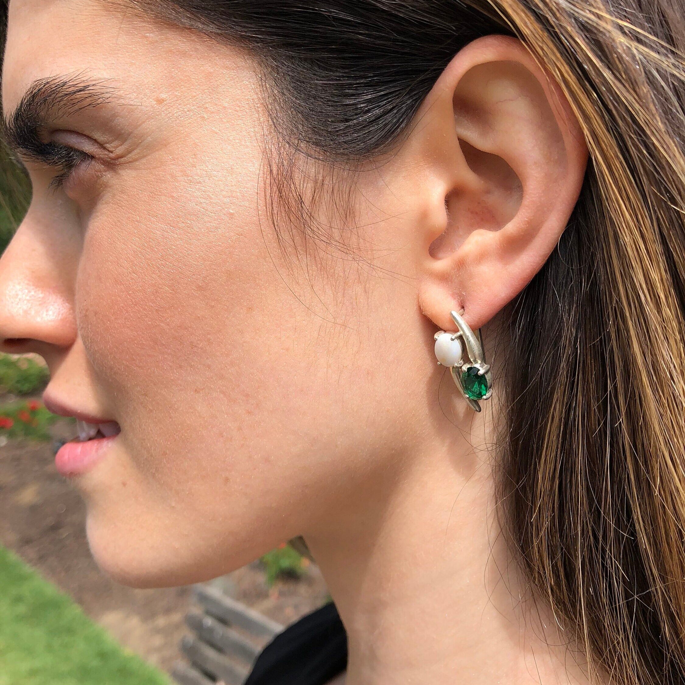 Opal Earrings, Natural Opal Earrings, Emerald Earrings, Green Unique Earrings, Created Emerald, October Earrings, Silver Earrings, Opal