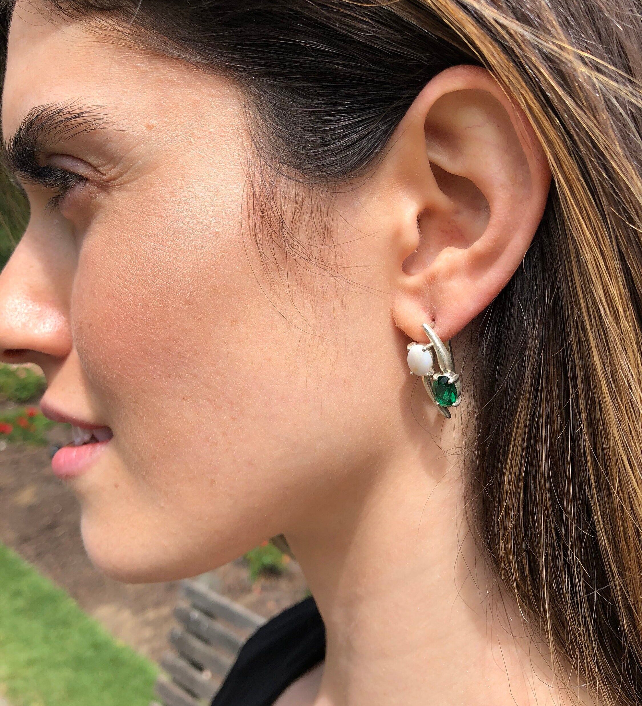 Opal Earrings, Natural Opal Earrings, Emerald Earrings, Green Unique Earrings, Created Emerald, October Earrings, Silver Earrings, Opal