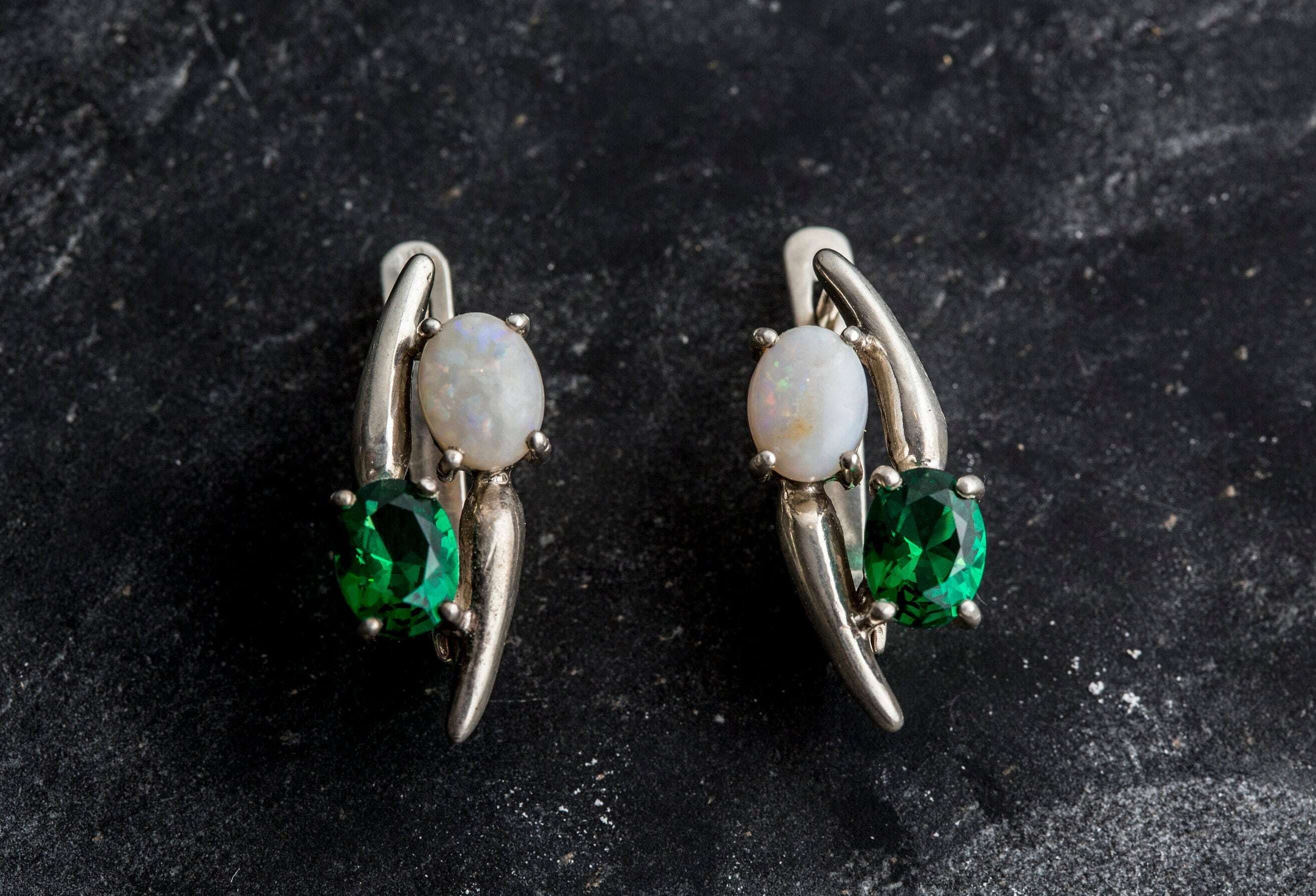 Opal Earrings, Natural Opal Earrings, Emerald Earrings, Green Unique Earrings, Created Emerald, October Earrings, Silver Earrings, Opal