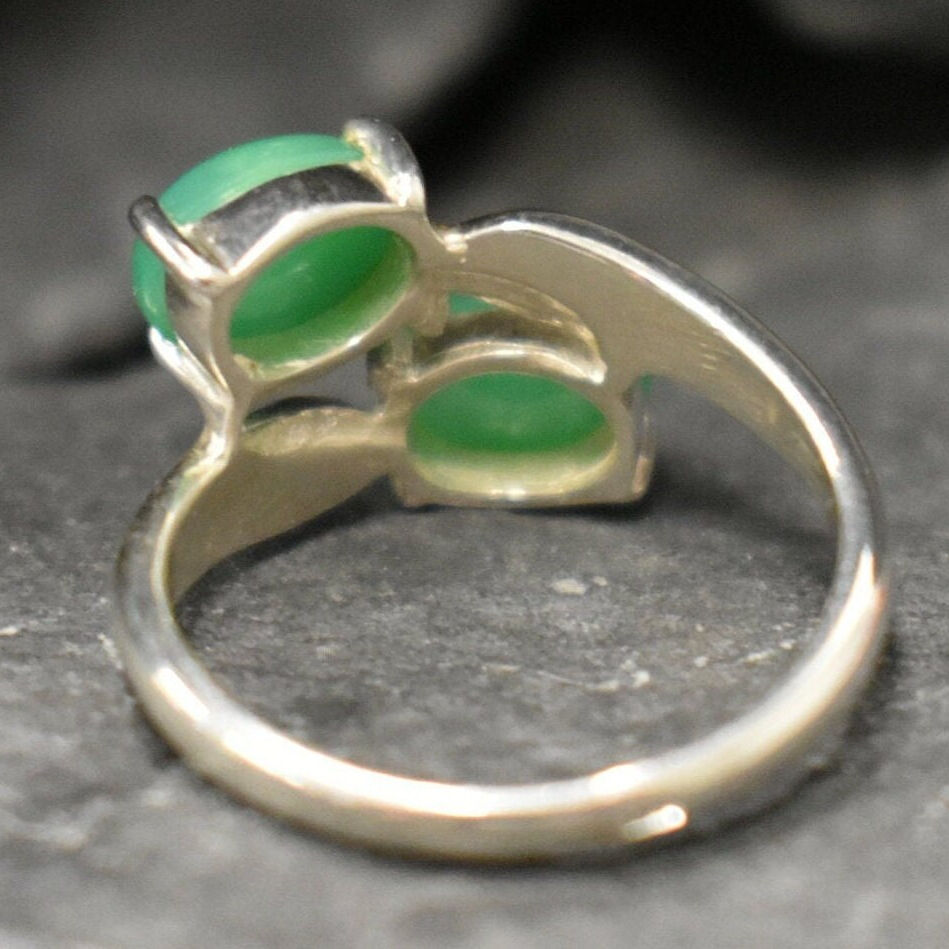 Green Bypass Ring, Natural Chrysoprase, Chrysoprase Ring, Two Stone Ring, Green Ring, Asymmetric Ring, Bypass Ring, Sterling Silver Ring