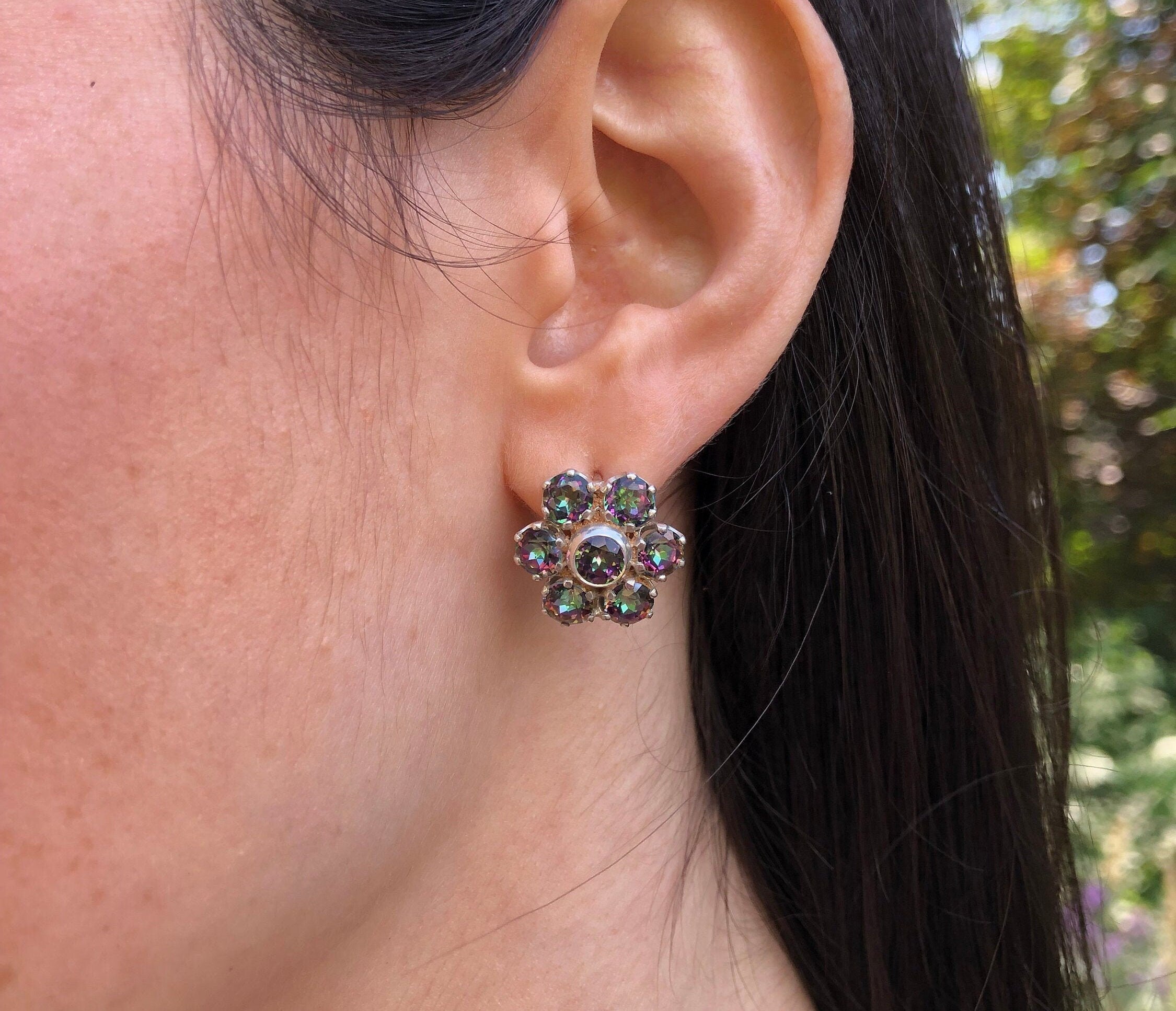 Large Daisy Studs, Mystic Topaz Earrings, Flower Earrings, Natural Topaz, December Birthstone, Purple Studs, Stud Earrings, Silver Earrings