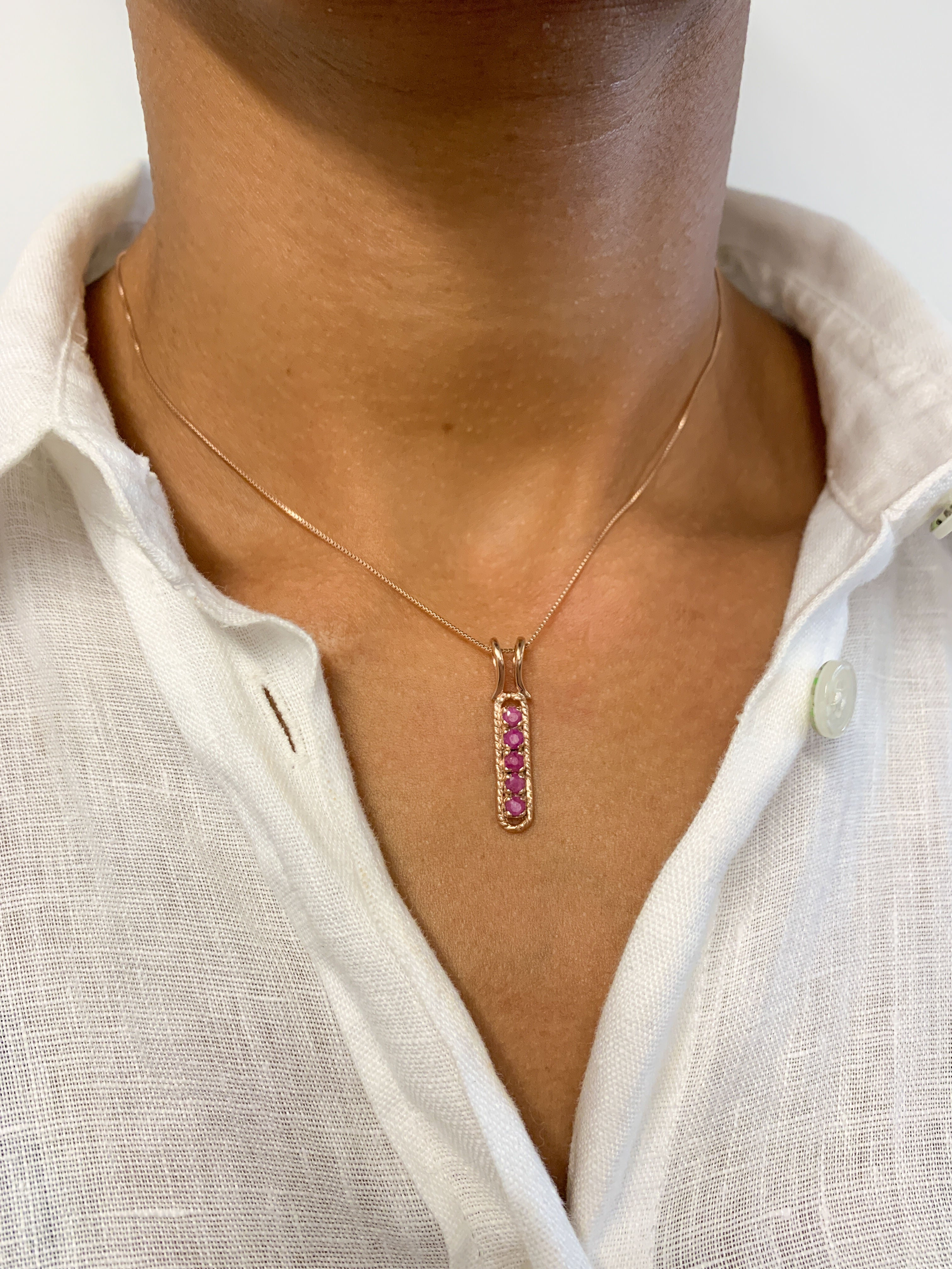 Bar Pendant set with a Natural Red Ruby, 925 Sterling Silver, Ruby Anniversary Gift, Vintage Style, Layering Necklace, Vertical Drop Pendant(3)