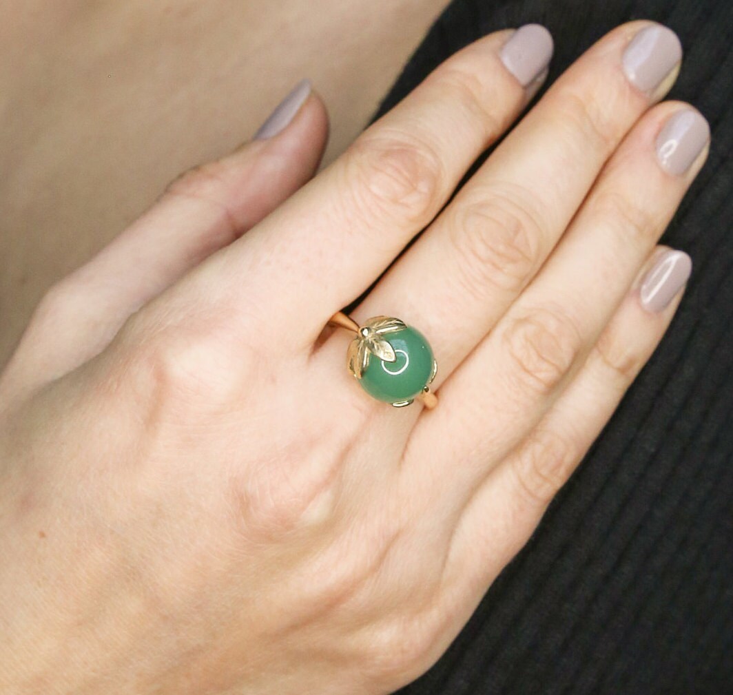 18k Gold Vermeil Emerald Ring featuring a Round Created Green Emerald, a stunning May birthstone gift for any occasion.