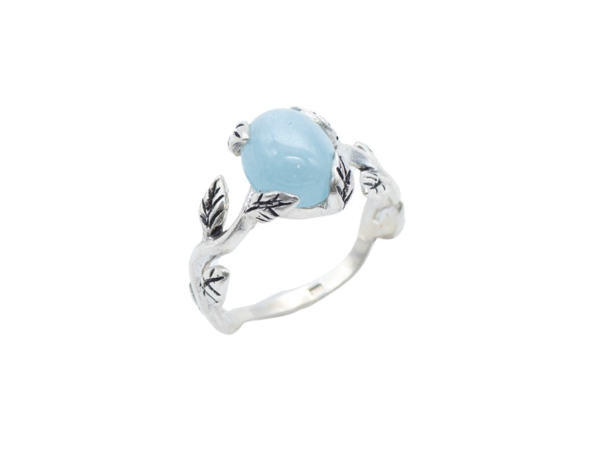 Aquamarine Gold Ring - Gold Leaf Band - Aquamarine Vintage Ring